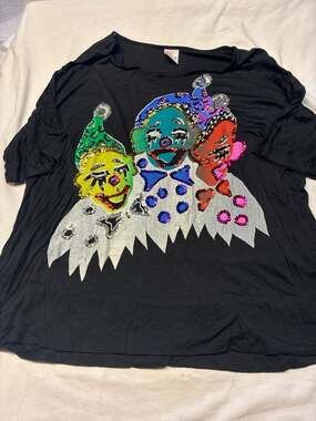 VTG Bali Moon Handmade Sequin Clown Graphic T-Shirt Black Size L